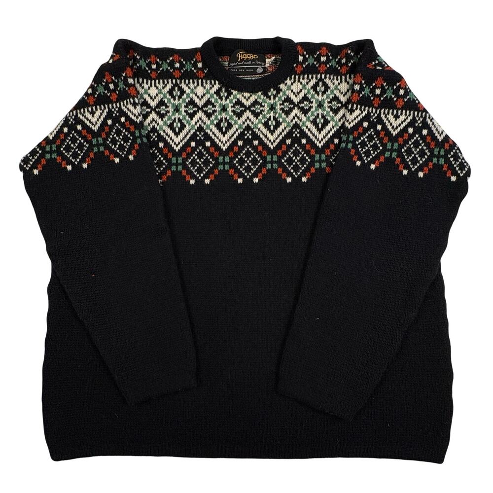 Figgjo Vintage 100% Wool Fair Isle Sweater Women's M Black Cabincore Nordic
